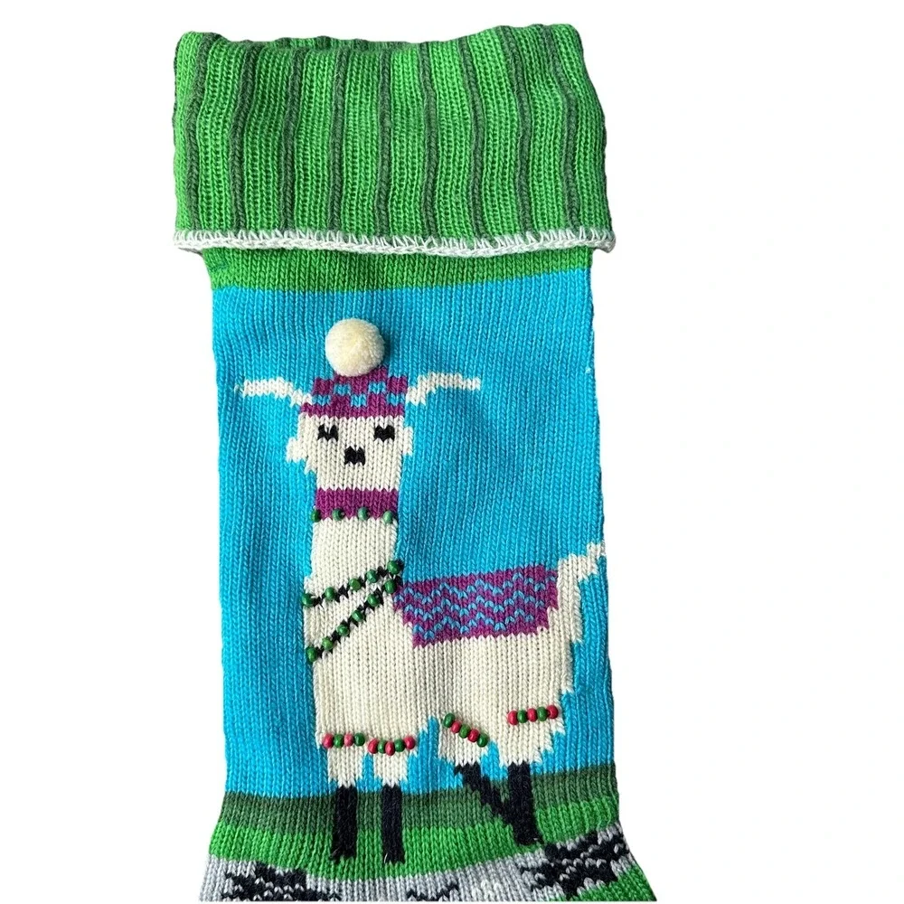 Vintage Hand Knitted Llama‎ Christmas Stocking 21 Inch Beads Accent Green Blue